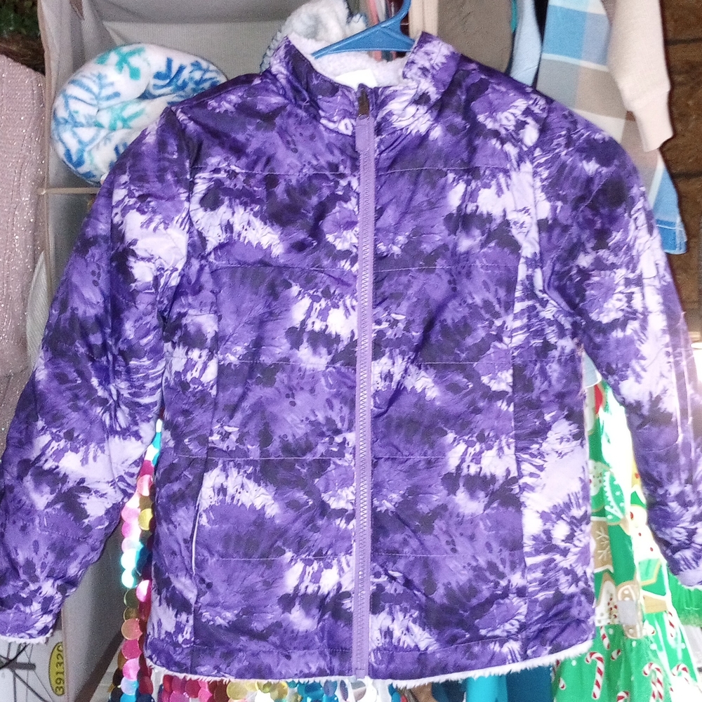 Girls' Purple Tie-Dye Puffer Jacket Reversible